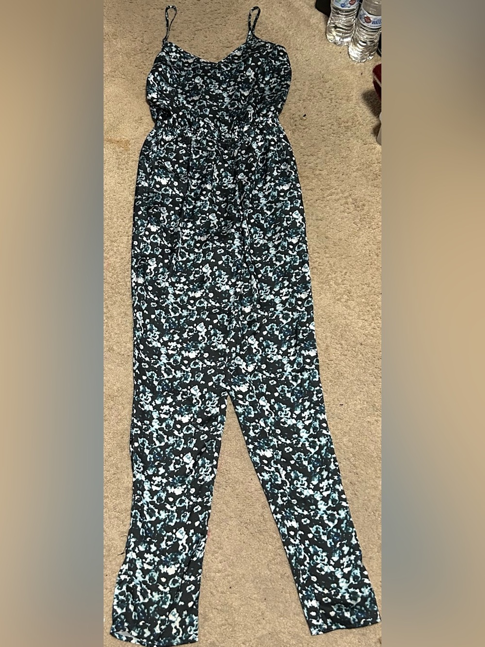 H&M Black Floral Print one piece with White and Teal Accents